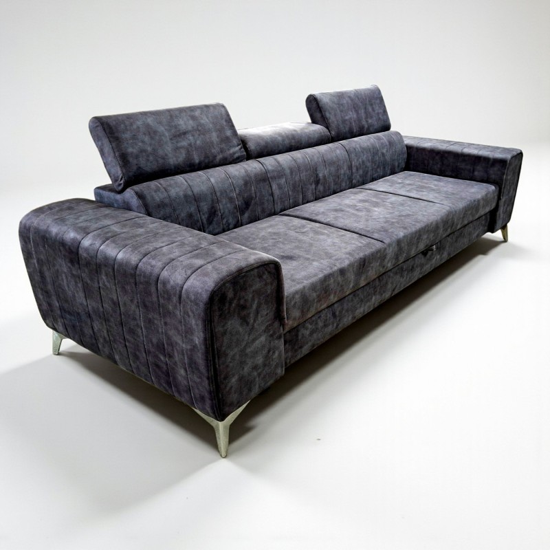 Canapea moderna extensibila pentru living Clement, cu tetiere reglabile si picioare metalice, gri