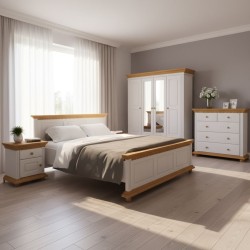 Dormitor complet BUCOV 1, lemn masiv, finisaj alb integral, alb cu nuc, alb cu natur
