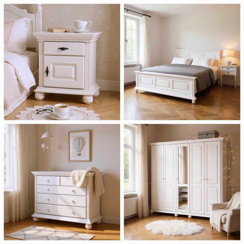 Dormitor Lemn masiv Bucov, Alb cu Natur  - Sofastil.ro