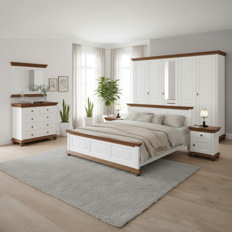 Dormitor Bucov / Lemn Masiv , Alb cu Nuc