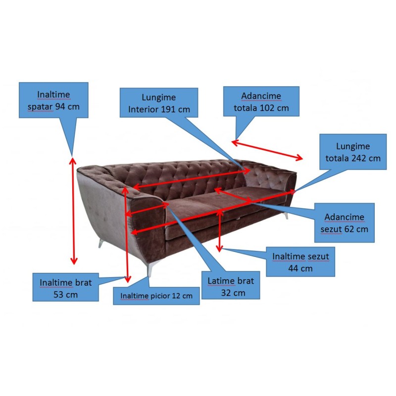 Canapea moderna de lux LUIS, stil chesterfield, 3 locuri, extensibila