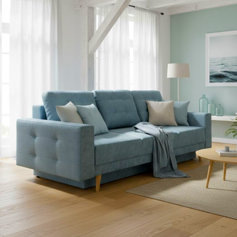 Canapea Parma, extensibila cu lada, albastra