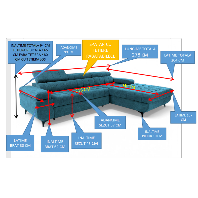 Coltar extensibil DAVID 2, cu lada de depozitare, tetiere reglabile si picioare metalice