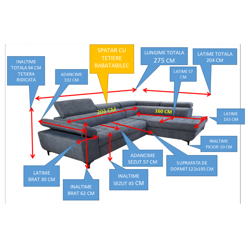 Coltar Extensibil elegant DAVID, coltar mare cu tetiere reglabile