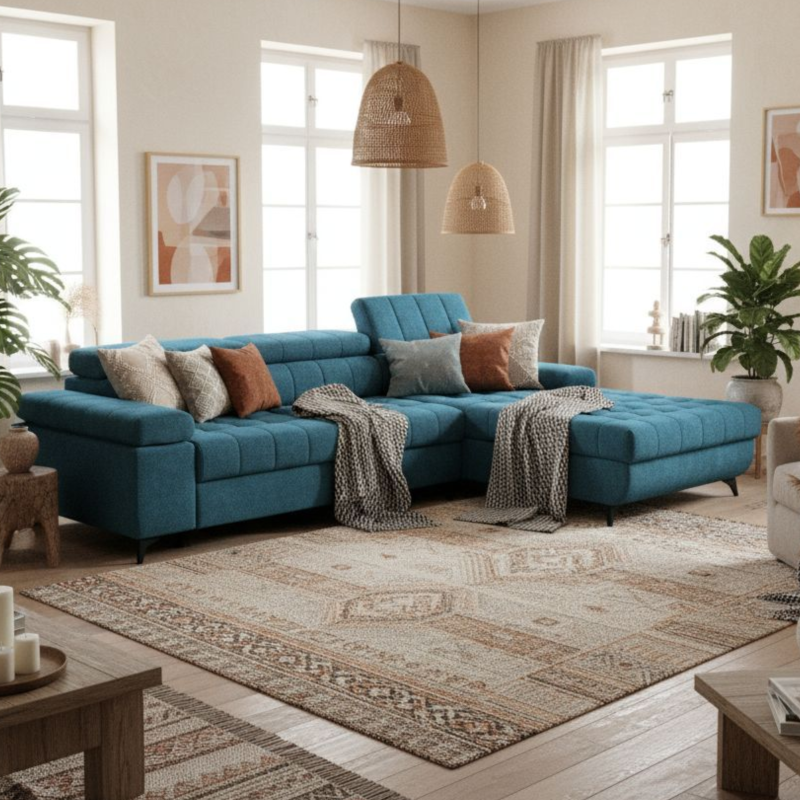 Coltar extensibil DAVID 2, cu lada de depozitare, tetiere reglabile si picioare metalice