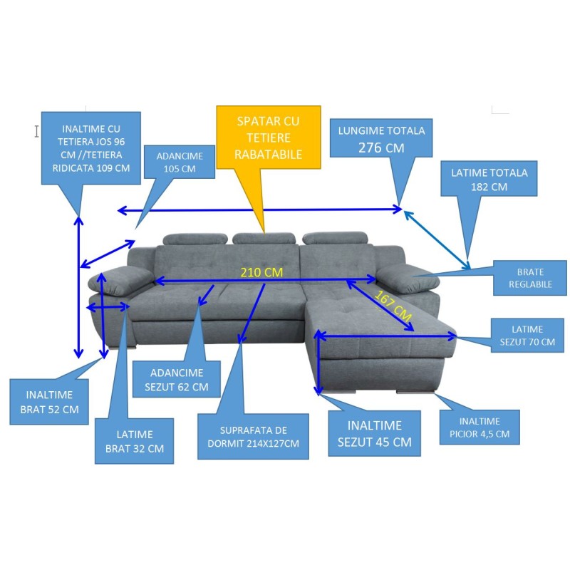 Coltar living extensibil LORD, tetiere reglabile & lada depozitare, personalizabil la comanda