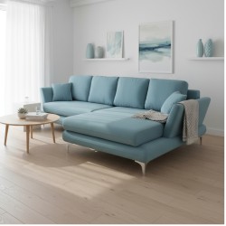 coltar living, extensibil cu lada, cu suprafata mare de dormit, Edesa, pe picioare, coltar stofa, coltar albastru