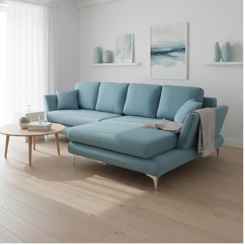 coltar living, extensibil cu lada, cu suprafata mare de dormit, Edesa, pe picioare, coltar stofa, coltar albastru