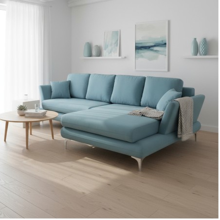 coltar living, extensibil cu lada, cu suprafata mare de dormit, Edesa, pe picioare, coltar stofa, coltar albastru