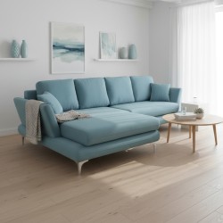 coltar living, extensibil cu lada, cu suprafata mare de dormit, Edesa, pe picioare, coltar stofa, coltar albastru