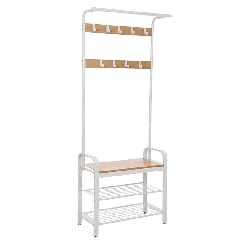 Cuier de haine cu bancă de încălțăminte, design 4-în-1, cu 9 cârliguri detașabile, o șină de îmbrăcăminte