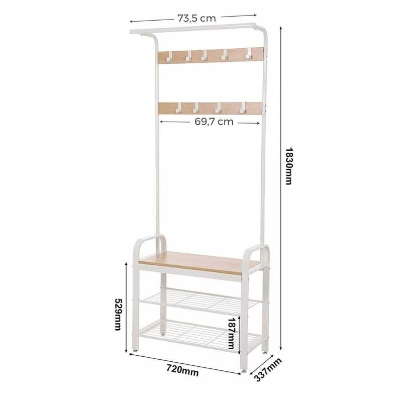 Cuier de haine cu bancă de încălțăminte, design 4-în-1, cu 9 cârliguri detașabile, o șină de îmbrăcăminte