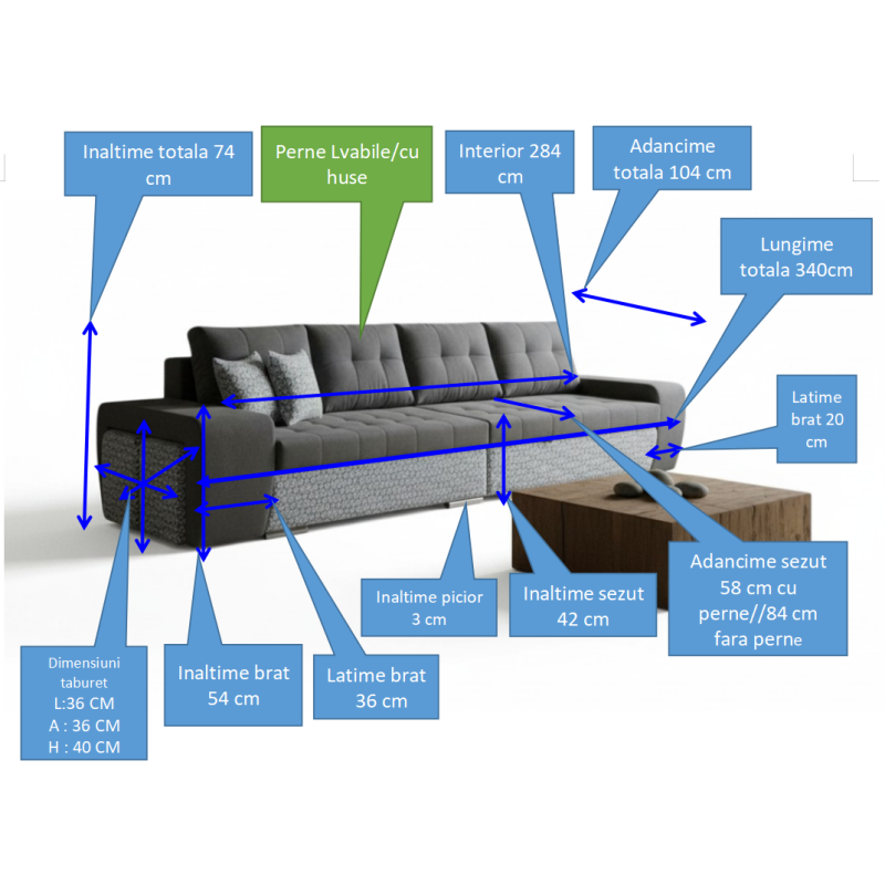 Canapea Mara cu 2 Tabureti, extensibila cu lada