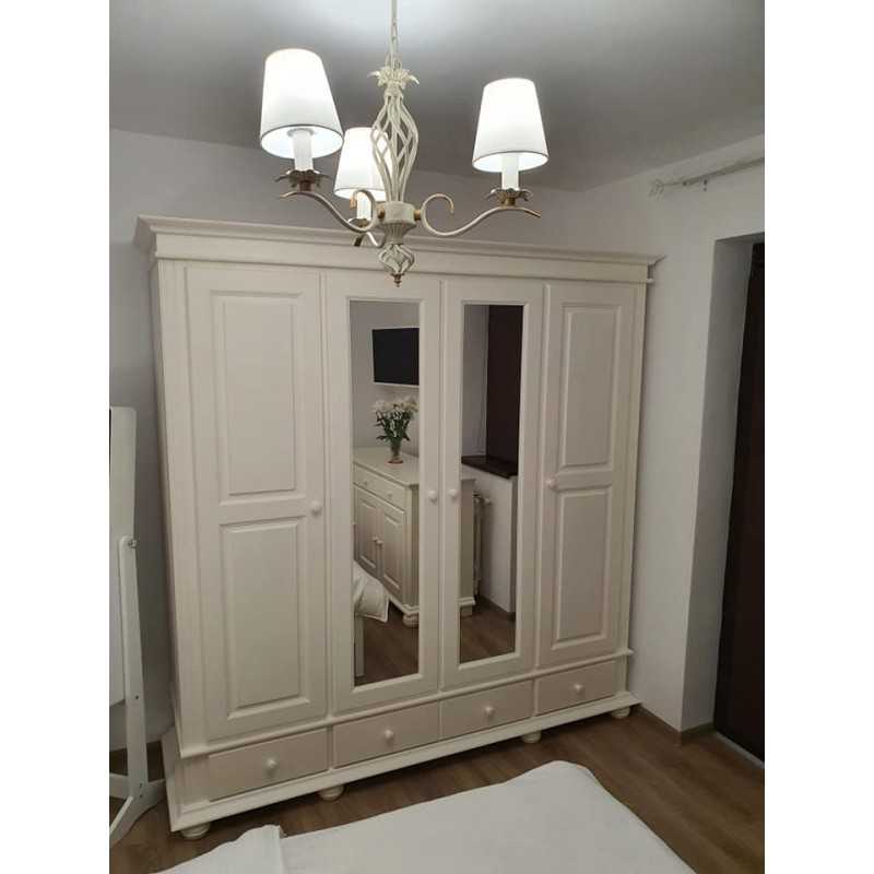 Dulap Seva lemn masiv cu 4 usi si 3 sertare, cu oglinda, alb