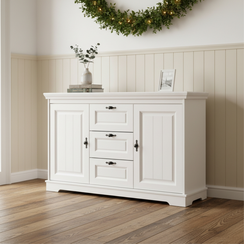 Comoda Cleo lemn masiv 2 usi 3 sertare, alba