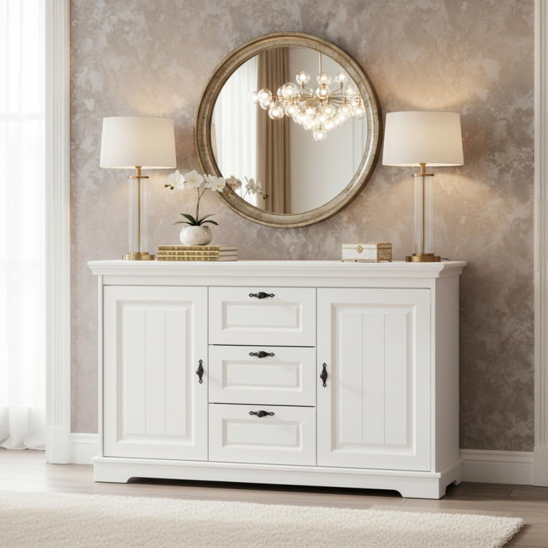 Comoda Cleo lemn masiv 2 usi 3 sertare, alba