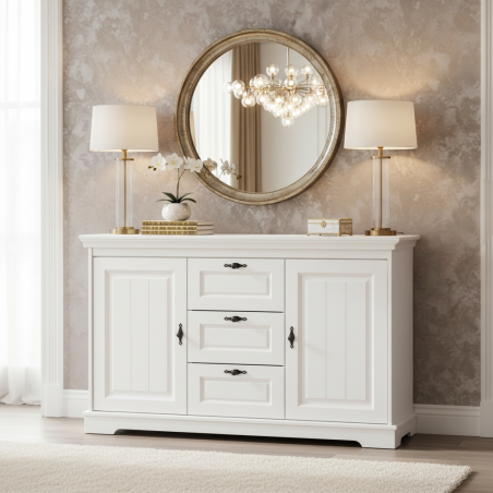 Comoda Cleo lemn masiv 2 usi 3 sertare, alba