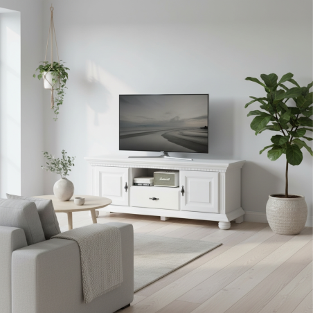 Comodă TV lemn masiv BUCOV – 2 usi, 1 sertar, finisaj alb