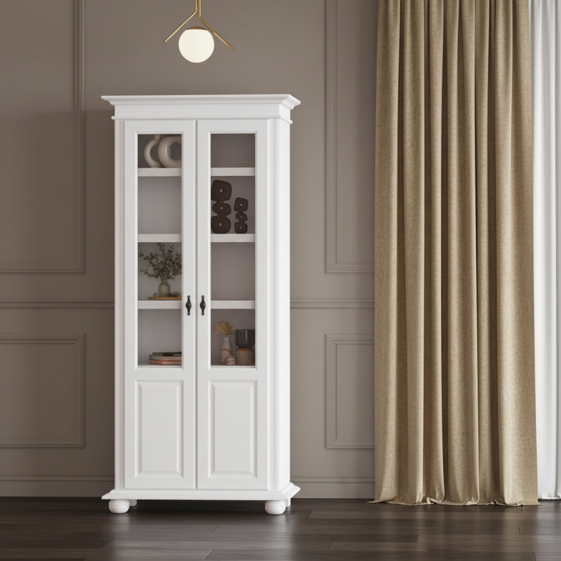 Vitrină Seva Lemn Masiv Alb - 2 Uși Sticlă 4 Rafturi