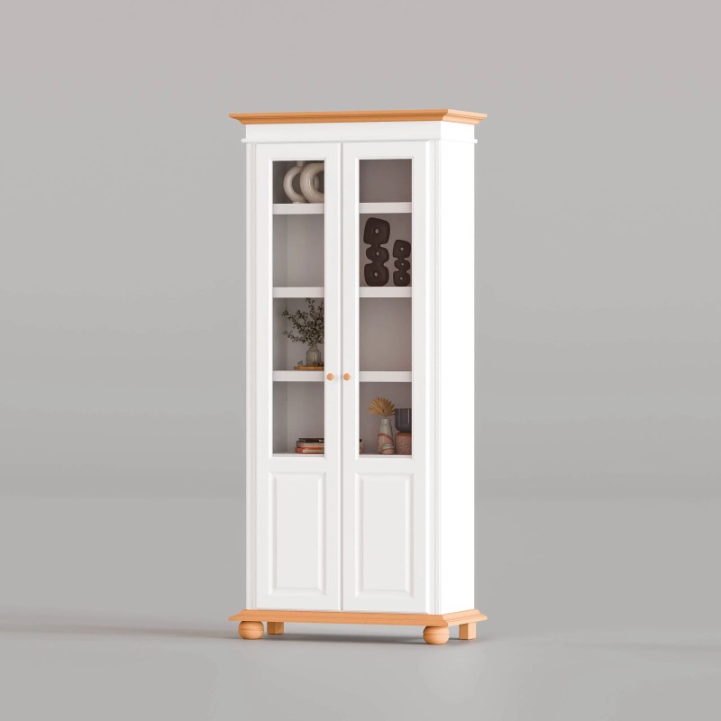 Vitrină Seva Lemn Masiv Alb - 2 Uși Sticlă 4 Rafturi