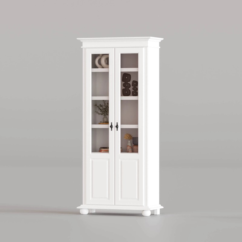 Vitrina Seva Lemn Masiv Alb - 2 Usi Sticla 4 Rafturi