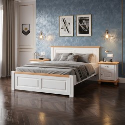 Pat 160x200 cm SEVA cu capat mic, lemn masiv,  finisaj Alb, alb cu nuc, alb cu natur