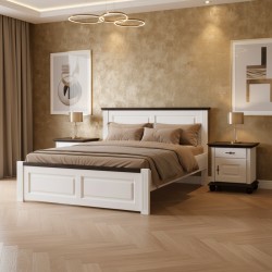 Pat 180x200 cm lemn masiv,  SEVA capat mic,  finisaj Alb, alb cu nuc, alb cu natur