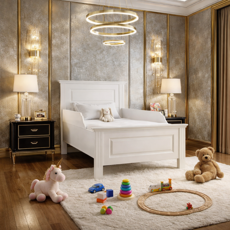 Pat copii din lemn masiv 90x200 cm SEVA cu protecții laterale