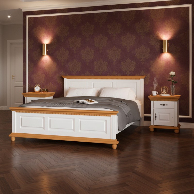 Pat Bucov lemn masiv 180x200cm, alb cu natur  - Sofastil.ro