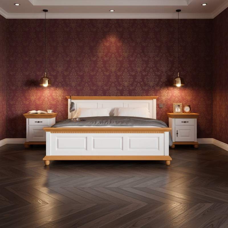 Pat Bucov lemn masiv 180x200cm, alb cu natur  - Sofastil.ro