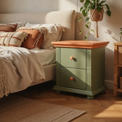 Noptieră Mara lemn masiv, 2 sertare - VERDE OLIVE