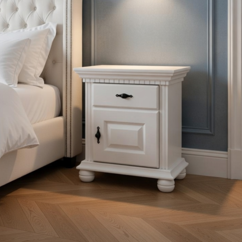 Noptieră Bucov,  lemn masiv, 1 sertare, 1 usa,  finisaj alb