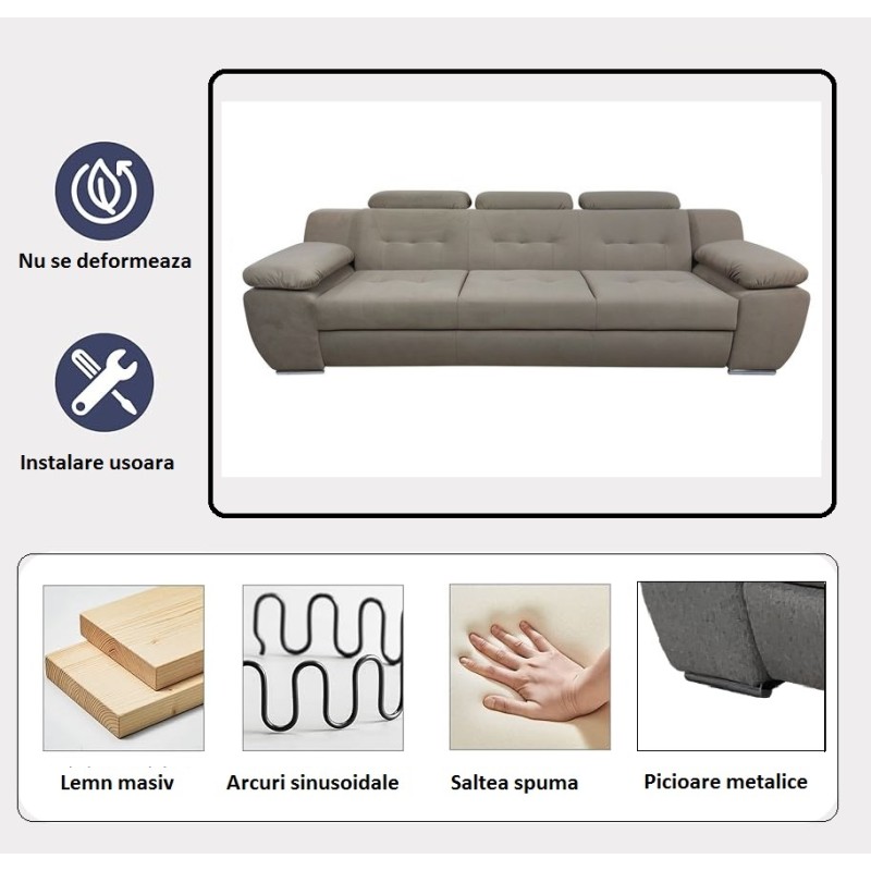 LORD - canapea living moderna de 3 locuri, extensibila cu tetiere relabile