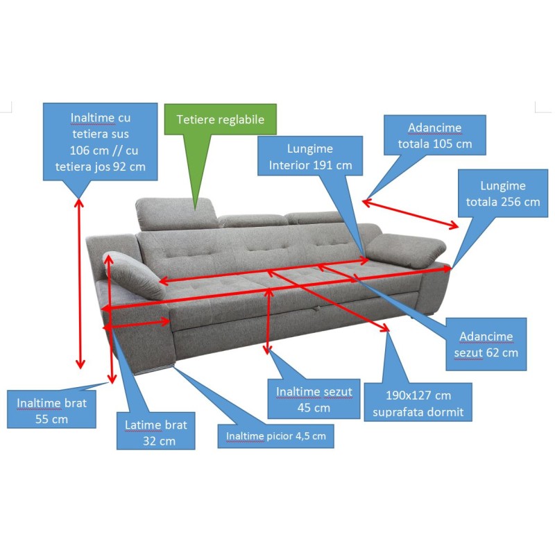 Set Canapea Extensibila cu Tetiere si Brațe Reglabile + 2 Fotolii