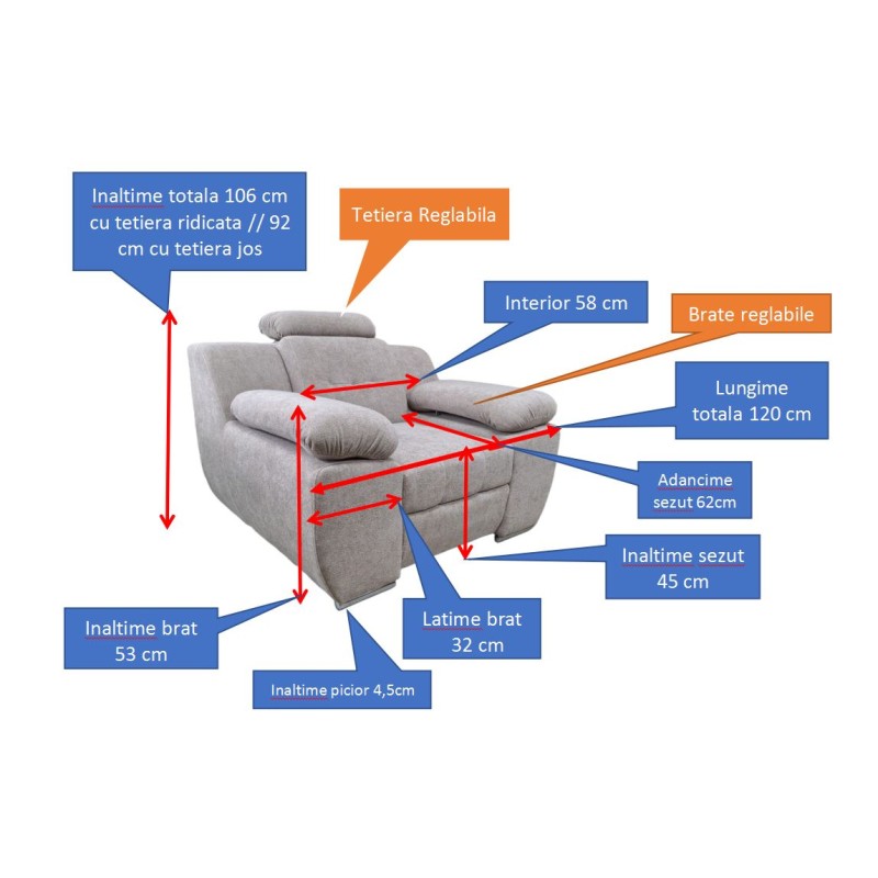 Set Canapea Extensibila cu Tetiere si Brațe Reglabile + 2 Fotolii