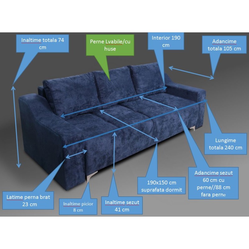 Canapea moderna de living Luna, extensibila cu lada, albastra