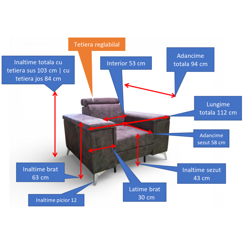 Fotoliu living modern HERMES cu tetiere reglabile si picioare inalte