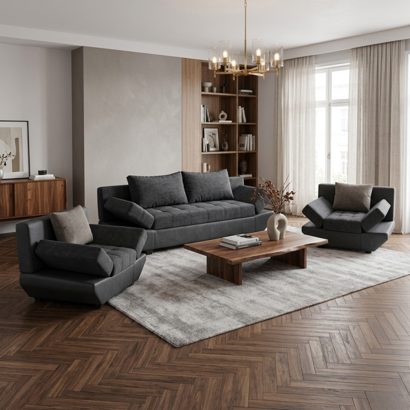 set living RUIZ canapea extensibila si doua fotolii cu brate reglabile