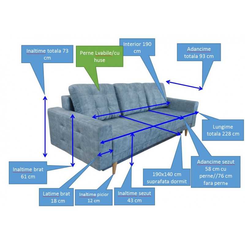 Canapea 3 locuri pentru living, extensibila cu lada, Parma, culoarea albastra