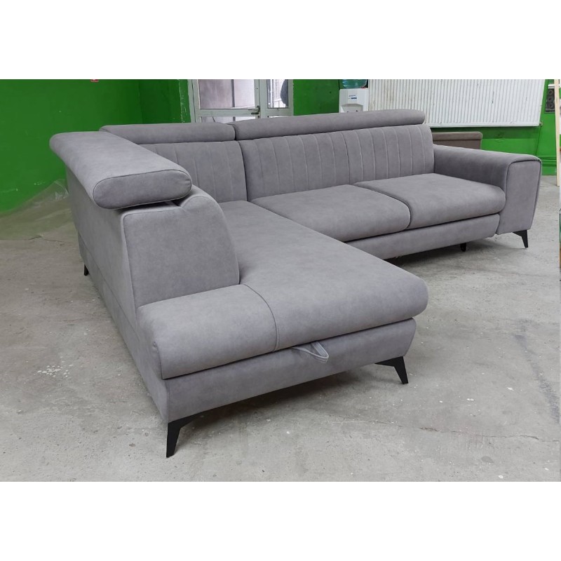 Coltar living cu design modern ARON, extensibil cu lada si tetiere cap reglabile, picioare inalte, modular, la comanda