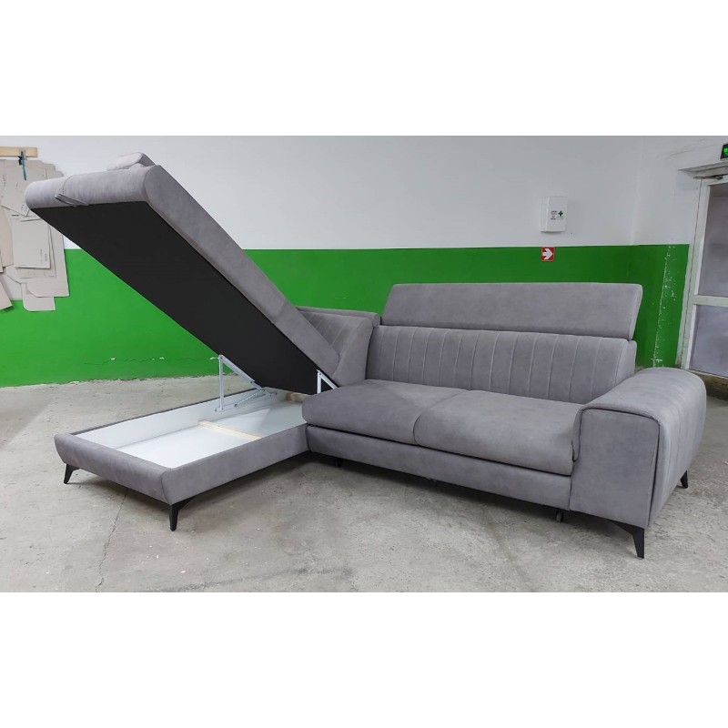 Coltar living cu design modern ARON, extensibil cu lada si tetiere cap reglabile, picioare inalte, modular, la comanda