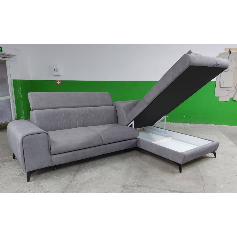 Coltar living cu design modern ARON, extensibil cu lada si tetiere cap reglabile, picioare inalte, modular, la comanda