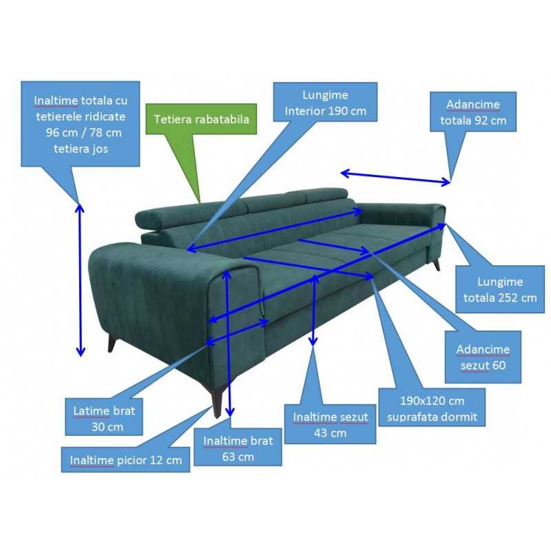 Canapea moderna extensibila pentru living Clement, cu tetiere reglabile si picioare metalice, verde