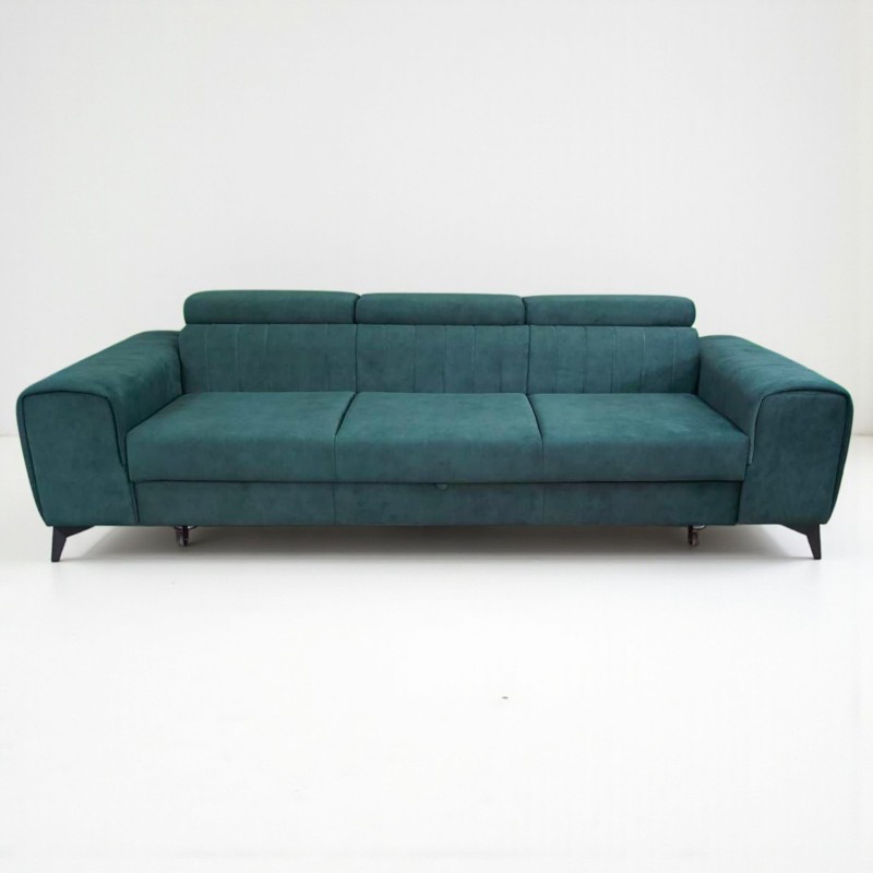 Canapea moderna extensibila pentru living Clement, cu tetiere reglabile si picioare metalice, verde