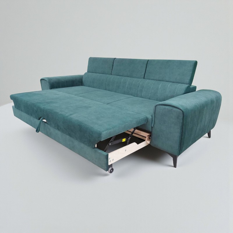 Canapea moderna extensibila pentru living Clement, cu tetiere reglabile si picioare metalice, verde