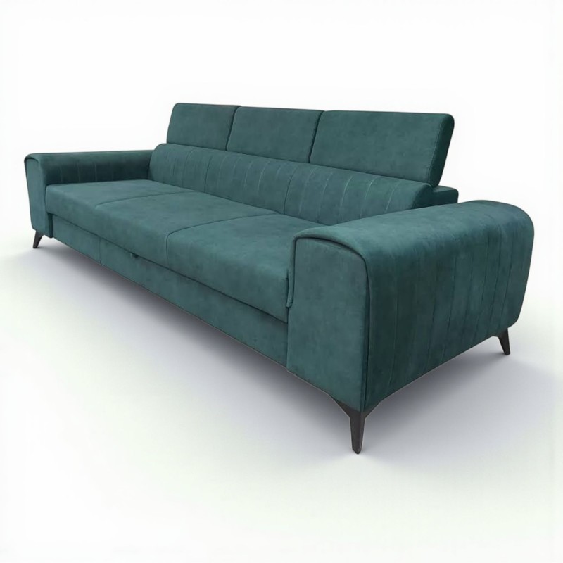 Canapea moderna extensibila pentru living Clement, cu tetiere reglabile si picioare metalice, verde