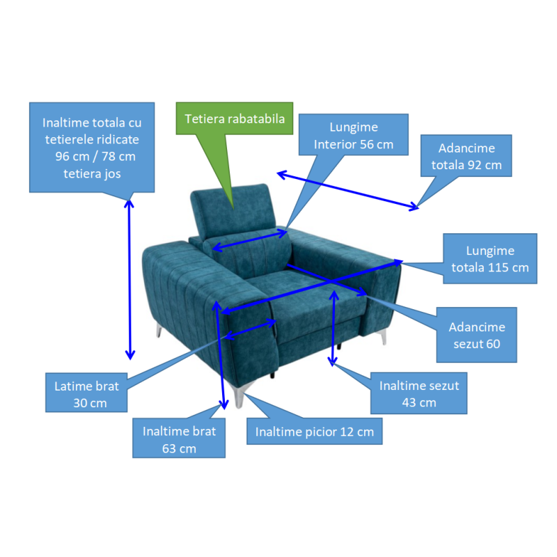 Canapea extensibilă CLEMENT 3 locuri cu tetiere reglabile
