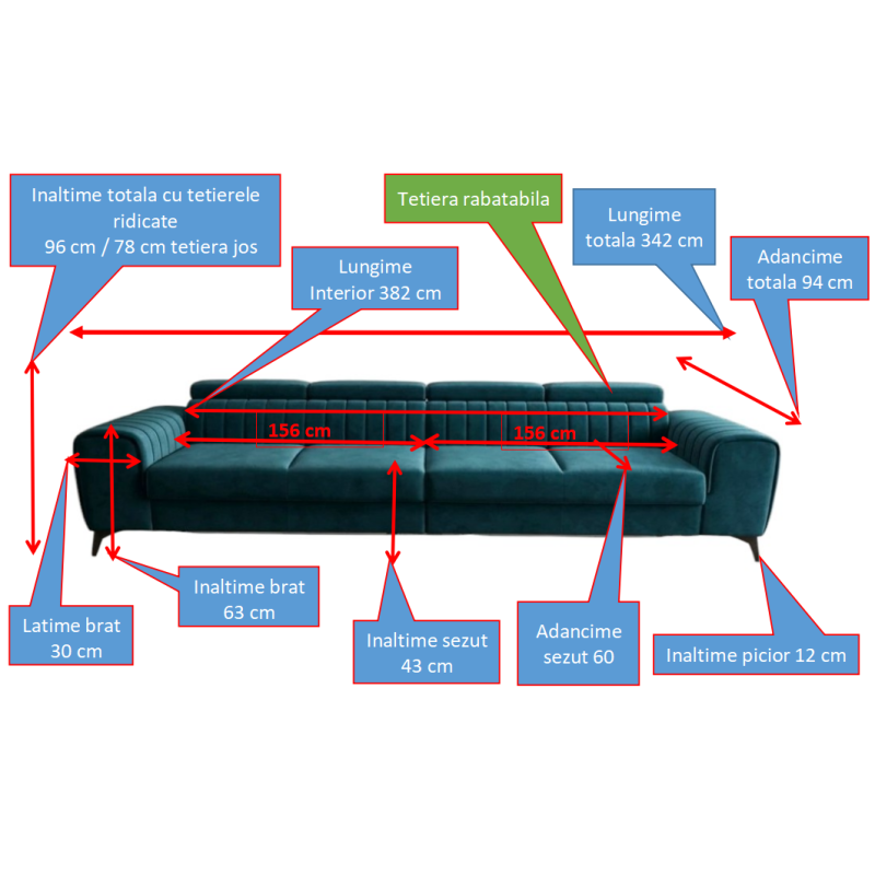 Canapea extensibilă CLEMENT 3 locuri cu tetiere reglabile