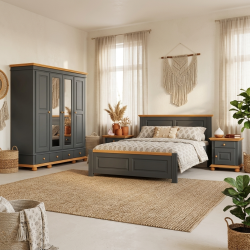 Dormitor SEVA 3 Lemn Masiv Gri Urban – Pat + Dulap 4 Usi + 2 Noptiere