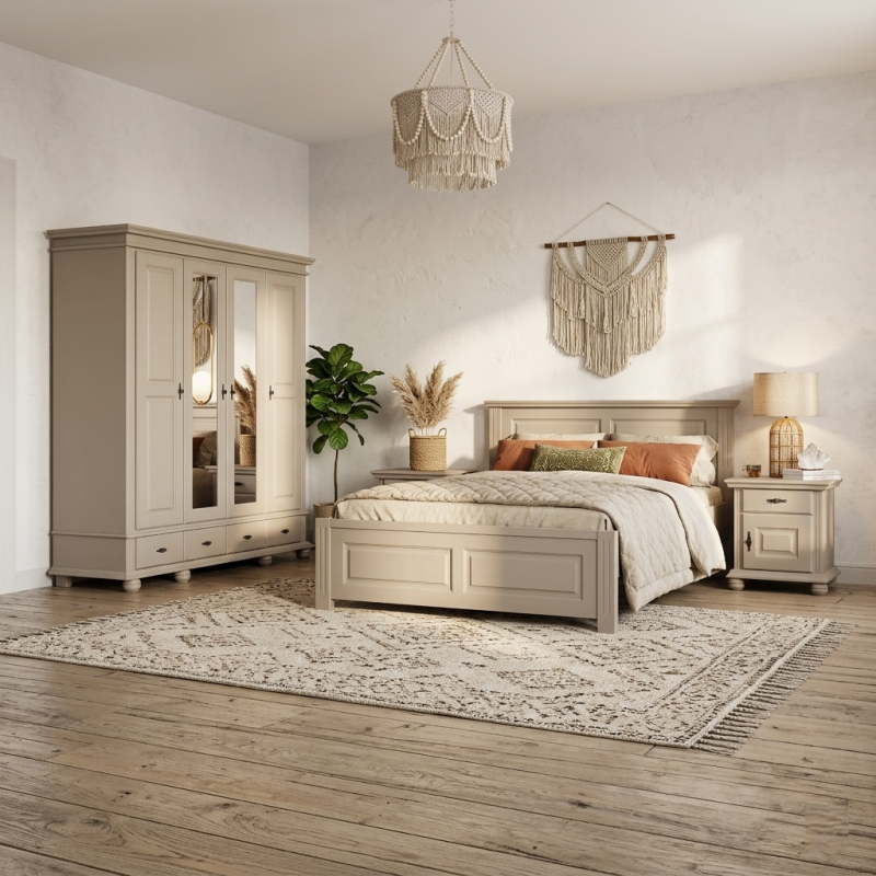 Dormitor SEVA 3 Lemn Masiv Bej Capuccino – Pat + Dulap 4 Usi + 2 Noptiere